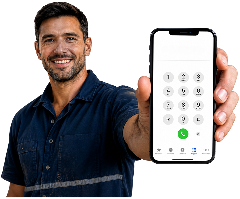 Birchgrove Blocked Drains plumber holding a phone — call 1300 261 965