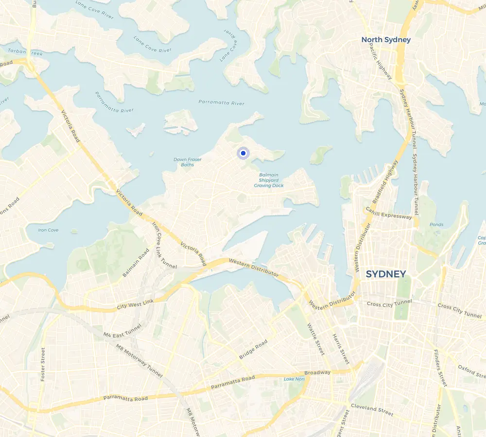 Map of the Birchgrove service area and the surrounding Inner West, showing Birchgrove and the nearby streets we cover.