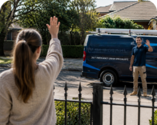 Customer waving goodbye to a Birchgrove Blocked Drains plumber
